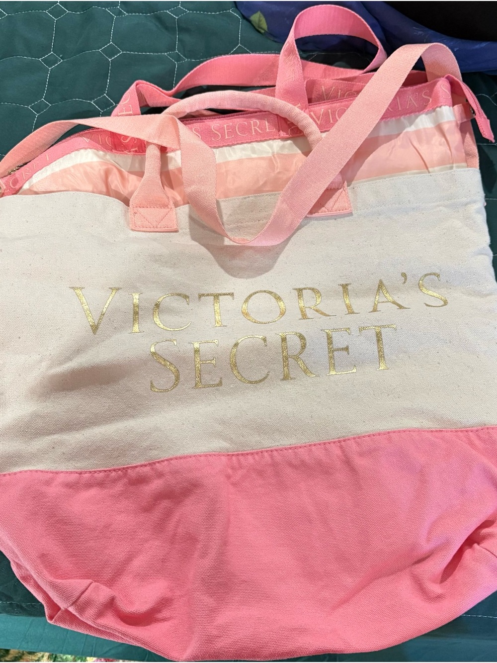 Victoria's Secret Pink and Cream Canvas Tote with Gold Logo